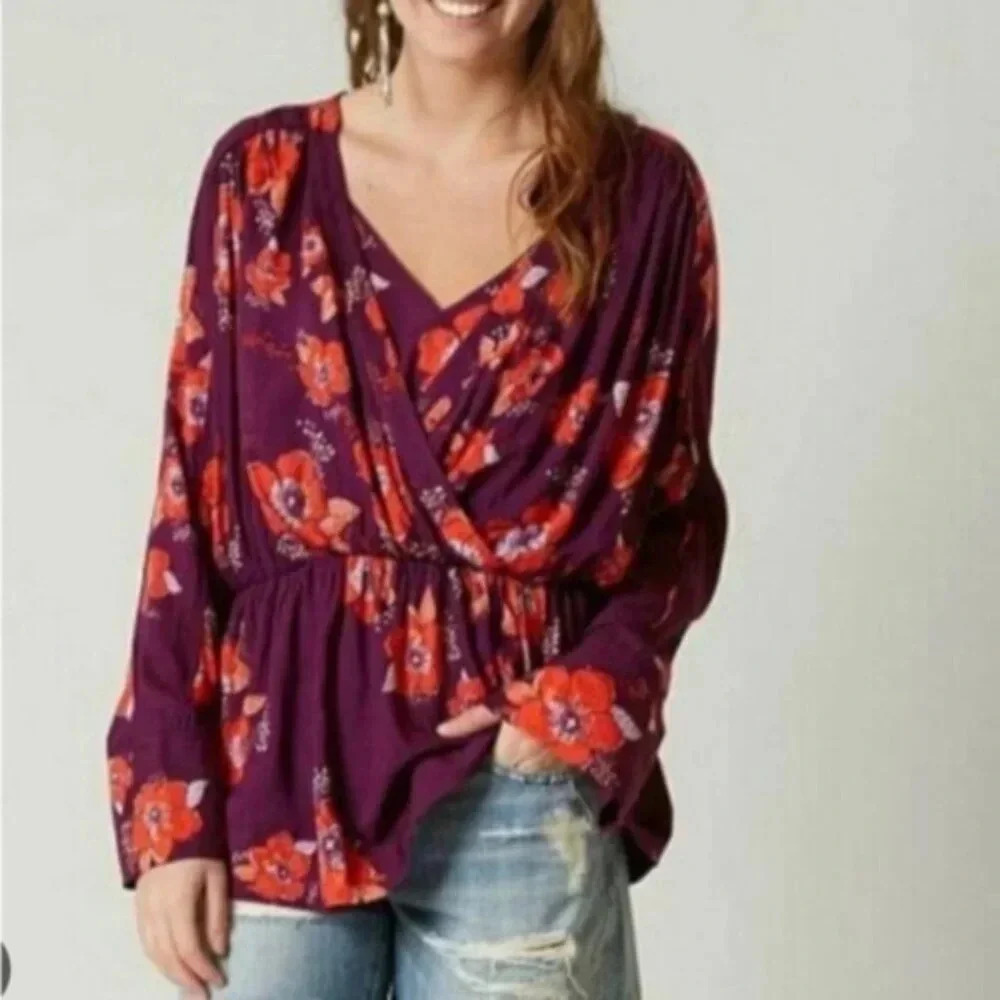 Free People Tuscan Dreams Purple Floral Long Sleeve Tunic Blouse Top - Picture 5 of 5